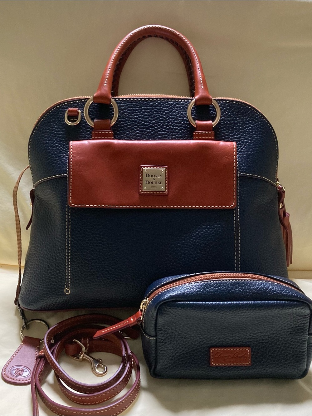 Dooney & Bourke Aubrey Navy and Brown Leather Dome Satchel with matching pouch